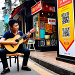 **Image Prompt:** A vibrant street scene in Hanoi, Vietnam. A talented acoustic guitarist performs near a bustling coffee shop. The musician's social media QR code is prominently displayed on a sign beside him. Local business banners are visible in the background, subtly advertising their support. The audience is diverse and engaged, taking photos and sharing on social media.
