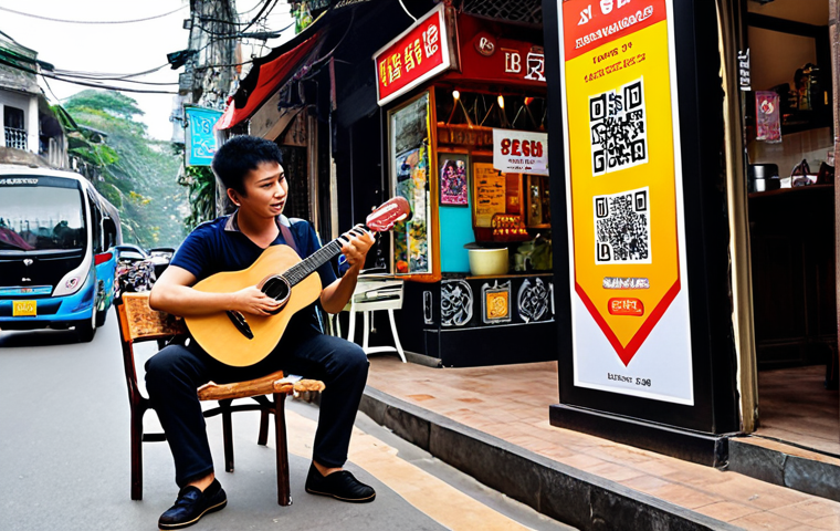 **Image Prompt:** A vibrant street scene in Hanoi, Vietnam. A talented acoustic guitarist performs near a bustling coffee shop. The musician's social media QR code is prominently displayed on a sign beside him. Local business banners are visible in the background, subtly advertising their support. The audience is diverse and engaged, taking photos and sharing on social media.
