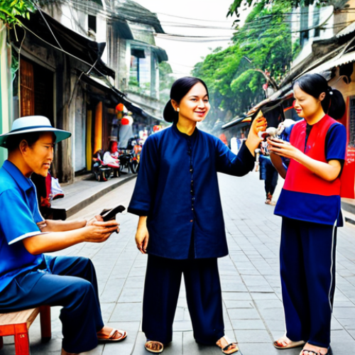 A professional Vietnamese female street musician, fully clothed in a modest, traditional tunic and trousers, skillfully playing a đàn tranh on a vibrant pedestrian street in Hanoi's Old Quarter. A small, family-friendly crowd of diverse individuals, respectfully observing, is gathered around, some capturing the moment with their phones. The background features charming colonial-era buildings and a bustling, authentic street market scene under a warm daylight glow. safe for work, appropriate content, perfect anatomy, correct proportions, natural pose, well-formed hands, proper finger count, natural body proportions, professional photography, high quality, modest, family-friendly.