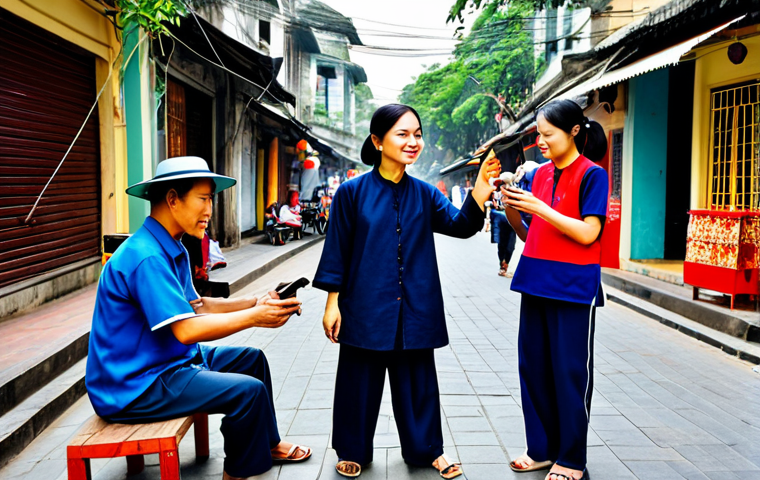 A professional Vietnamese female street musician, fully clothed in a modest, traditional tunic and trousers, skillfully playing a đàn tranh on a vibrant pedestrian street in Hanoi's Old Quarter. A small, family-friendly crowd of diverse individuals, respectfully observing, is gathered around, some capturing the moment with their phones. The background features charming colonial-era buildings and a bustling, authentic street market scene under a warm daylight glow. safe for work, appropriate content, perfect anatomy, correct proportions, natural pose, well-formed hands, proper finger count, natural body proportions, professional photography, high quality, modest, family-friendly.