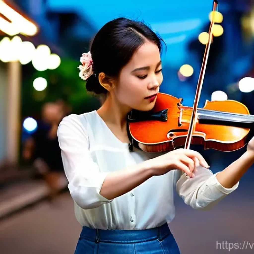 거리공연 촬영을 위한 장비 - **Prompt:** A dynamic low-light smartphone photograph capturing a talented young Vietnamese female v...