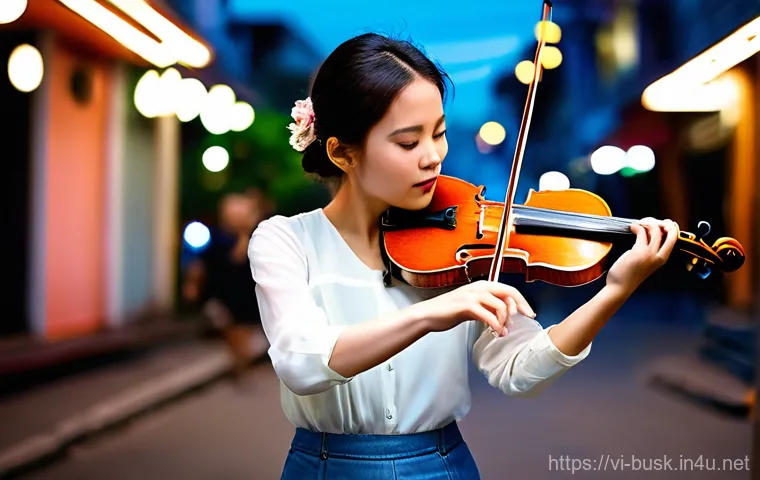 거리공연 촬영을 위한 장비 - **Prompt:** A dynamic low-light smartphone photograph capturing a talented young Vietnamese female v...