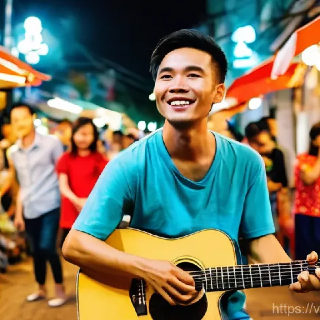 거리공연과 대중문화 - **Prompt:** A vibrant evening scene on a bustling walking street in Ho Chi Minh City, resembling Ngu...