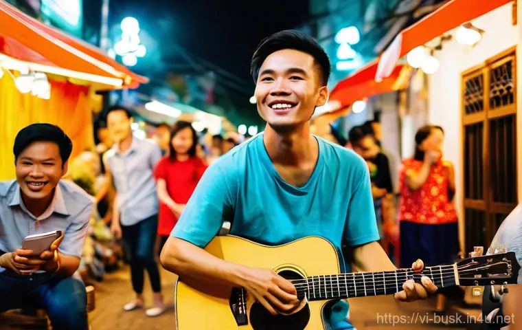 거리공연과 대중문화 - **Prompt:** A vibrant evening scene on a bustling walking street in Ho Chi Minh City, resembling Ngu...