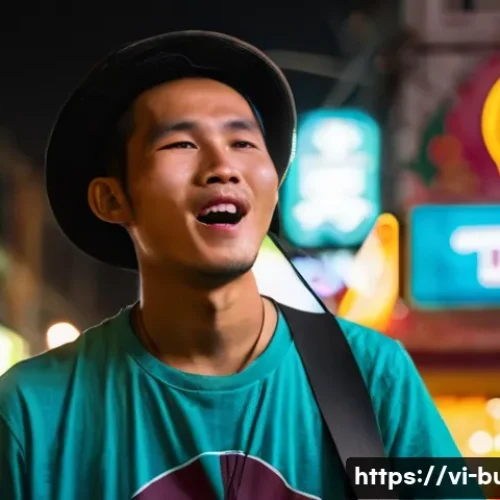 거리공연 인기 아티스트 - **Prompt:** A young Vietnamese male street musician, wearing casual clothes and a simple t-shirt, pa...