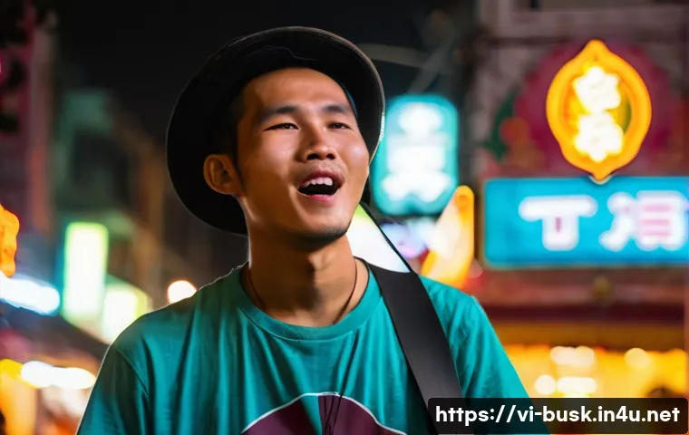 거리공연 인기 아티스트 - **Prompt:** A young Vietnamese male street musician, wearing casual clothes and a simple t-shirt, pa...