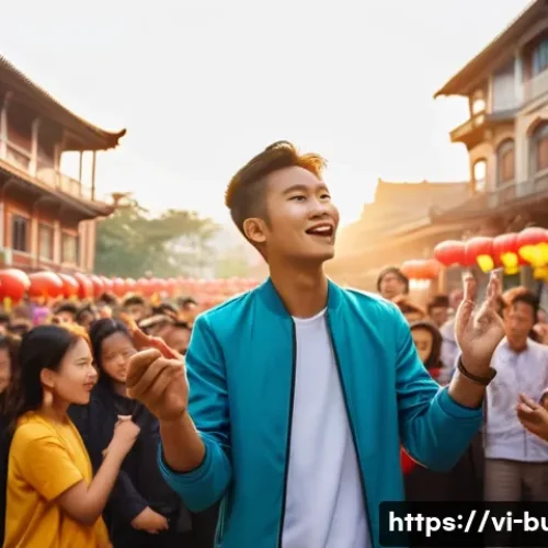거리공연의 후속 활동 - A lively street performance scene in a bustling Vietnamese city square during golden hour, featuring...
