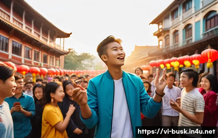 거리공연의 후속 활동 - A lively street performance scene in a bustling Vietnamese city square during golden hour, featuring...