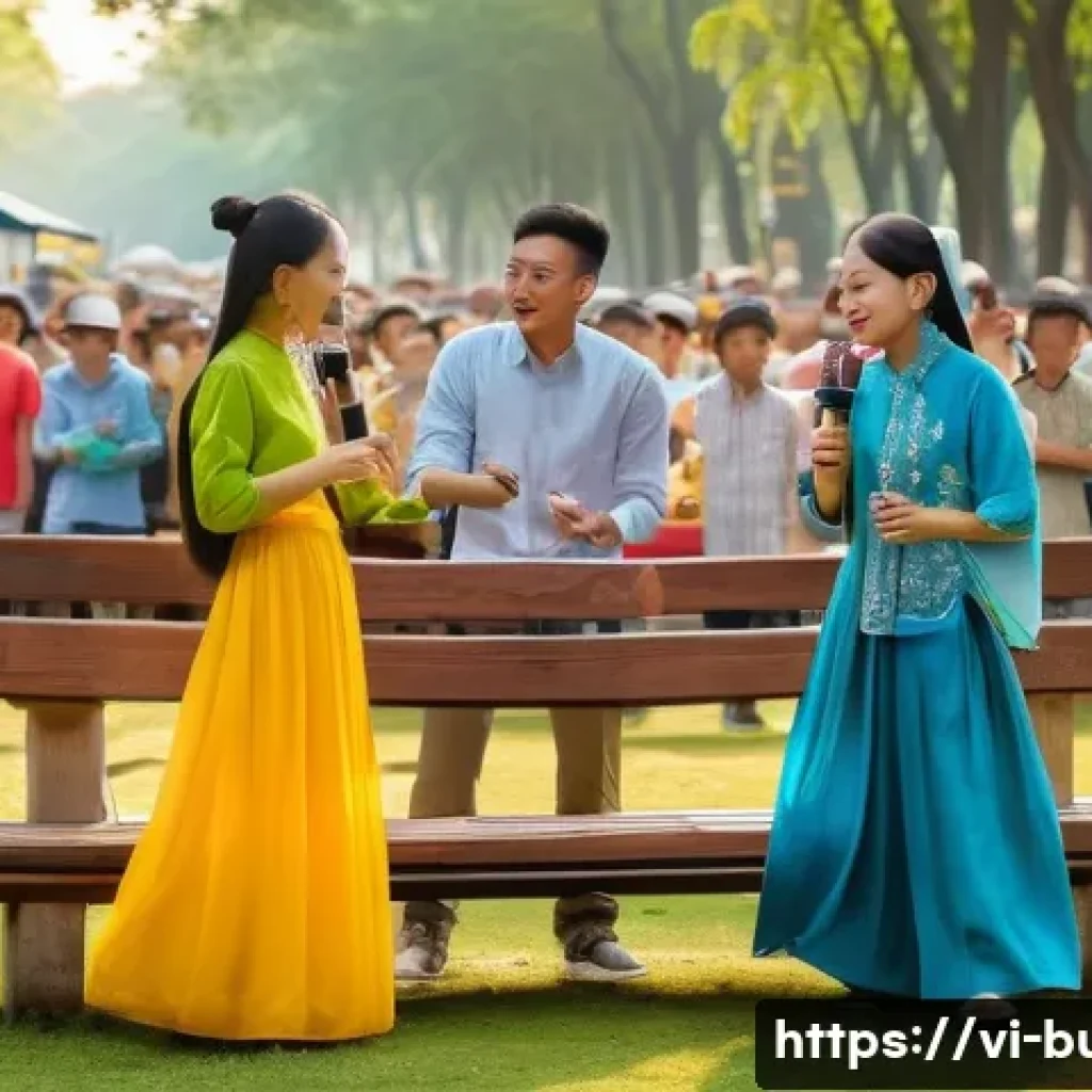 거리공연의 경비 절감 방법 - A vibrant outdoor street performance in a bustling Vietnamese public park during late afternoon, wit...