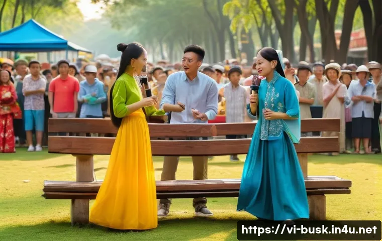 거리공연의 경비 절감 방법 - A vibrant outdoor street performance in a bustling Vietnamese public park during late afternoon, wit...