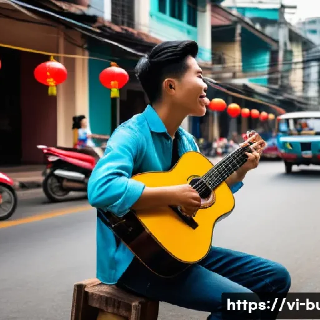 거리공연의 팬층 구축 - A vibrant street performance scene in Ho Chi Minh City, featuring a young Vietnamese musician passio...