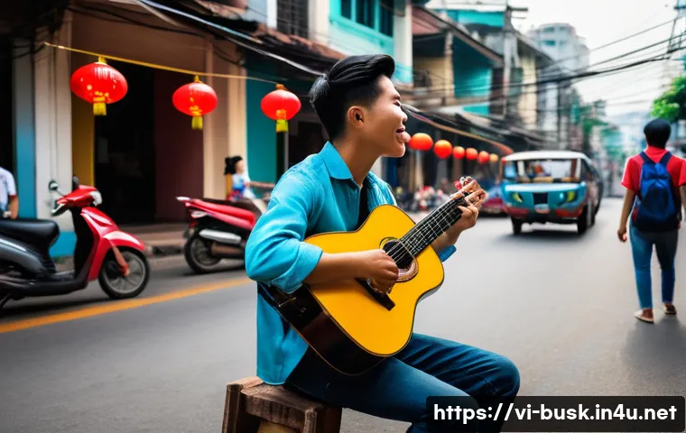 거리공연의 팬층 구축 - A vibrant street performance scene in Ho Chi Minh City, featuring a young Vietnamese musician passio...
