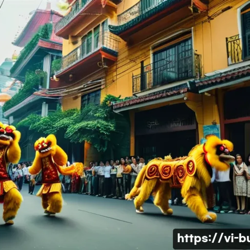 거리공연 촬영 팁 - A vibrant street performance scene in a busy Vietnamese urban area during late afternoon golden hour...