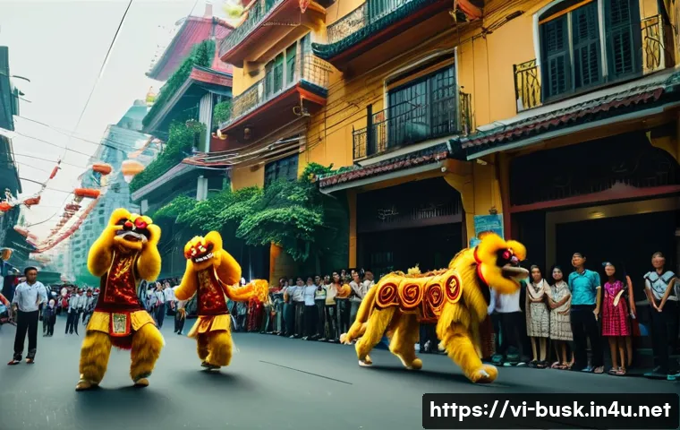 거리공연 촬영 팁 - A vibrant street performance scene in a busy Vietnamese urban area during late afternoon golden hour...