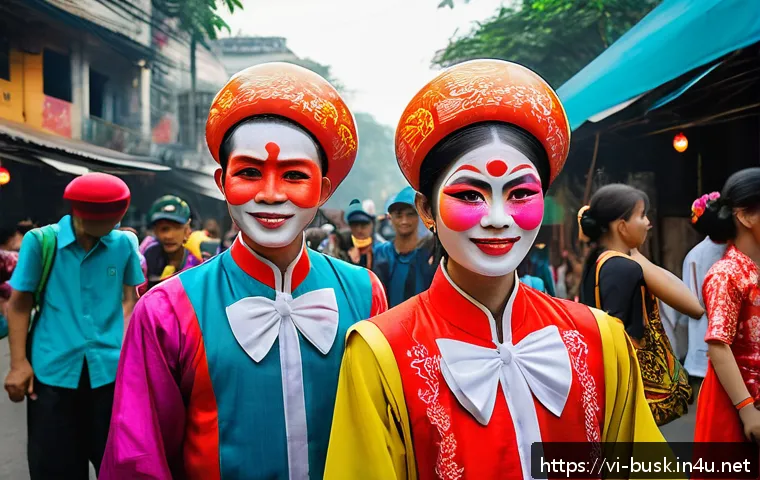 거리공연을 위한 창작 지원 사업 - A vibrant street art festival scene in Hanoi, Vietnam, featuring young street performers dressed in ...
