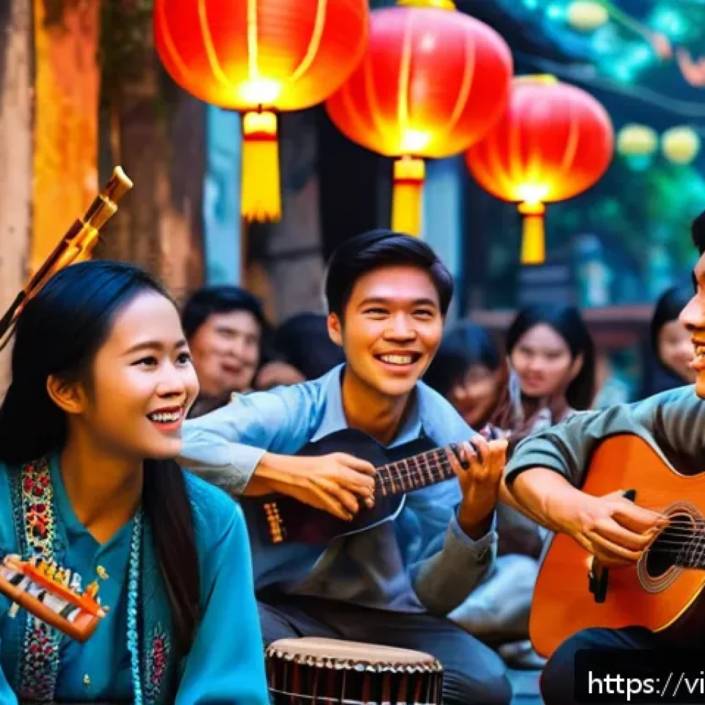 거리공연과 지역 활성화 - A vibrant street performance scene in Hanoi&rsquo;s Old Quarter featuring a diverse group of young Vietnam...