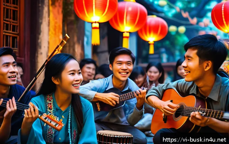 거리공연과 지역 활성화 - A vibrant street performance scene in Hanoi’s Old Quarter featuring a diverse group of young Vietnam...