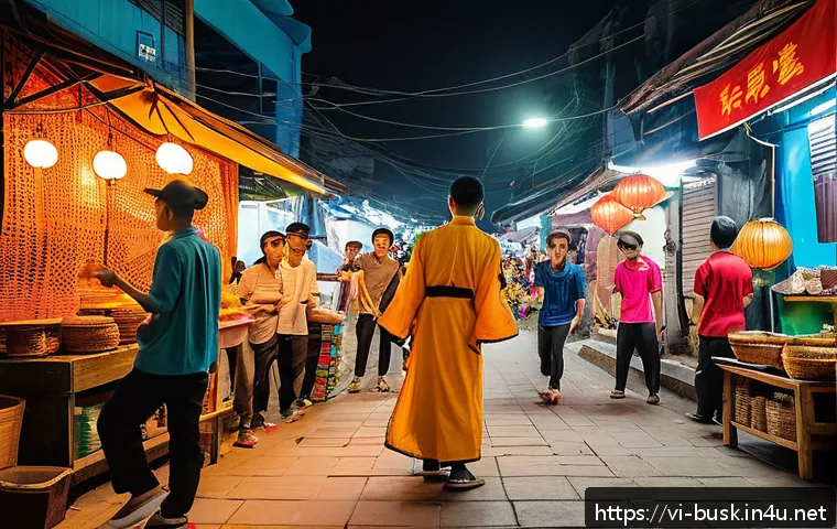 거리공연의 장점과 단점 - A vibrant Vietnamese street scene at sunset featuring diverse street performers: a traditional đàn b...
