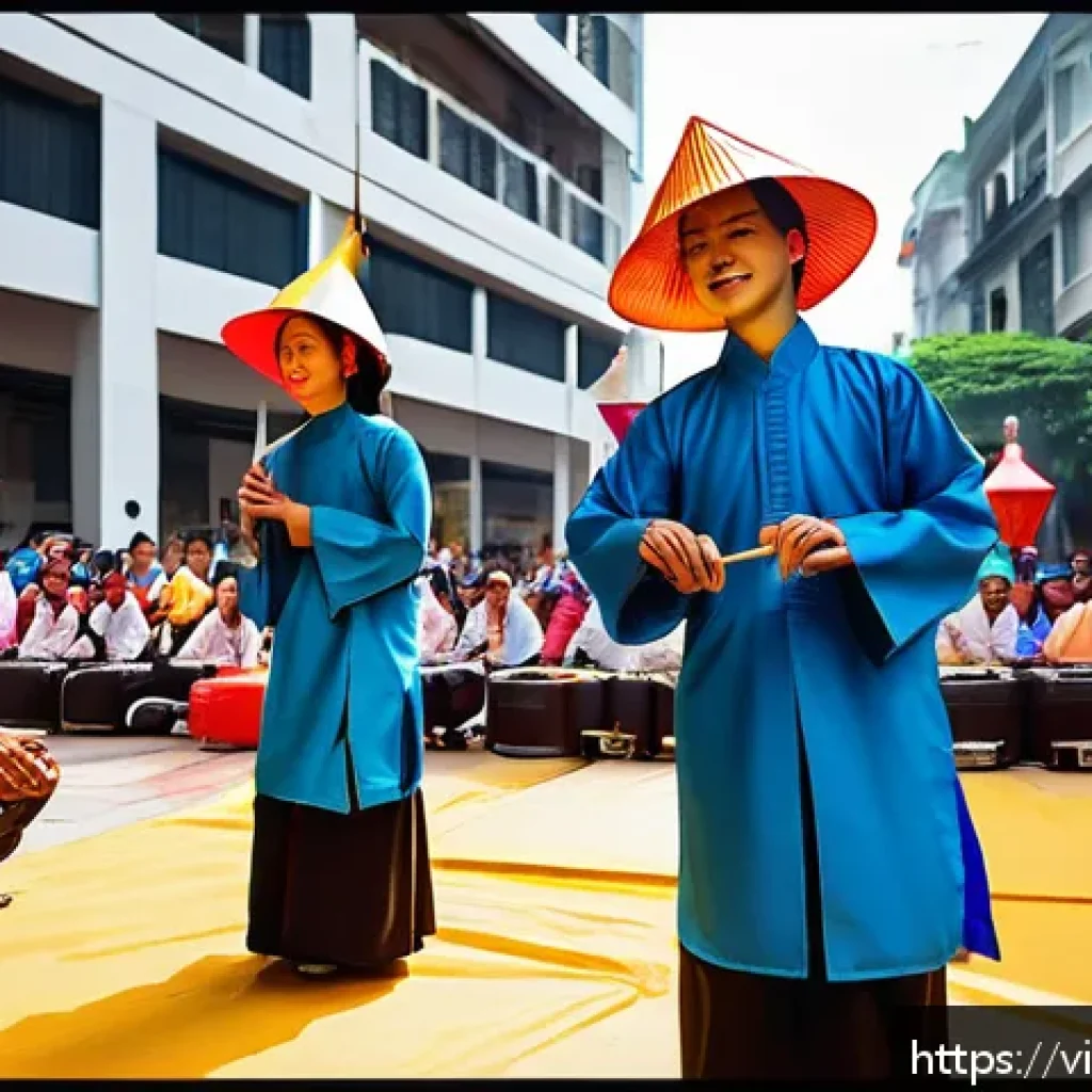 거리공연에 대한 법적 이해 - A vibrant Vietnamese street performance scene in a busy public square, featuring a diverse group of ...