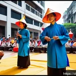 Home 21 거리공연에 대한 법적 이해 - A vibrant Vietnamese street performance scene in a busy public square, featuring a diverse group of ...