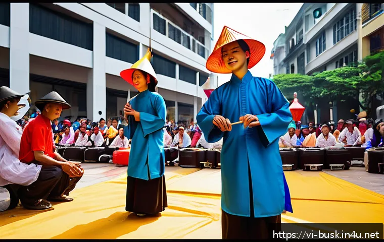 거리공연에 대한 법적 이해 - A vibrant Vietnamese street performance scene in a busy public square, featuring a diverse group of ...