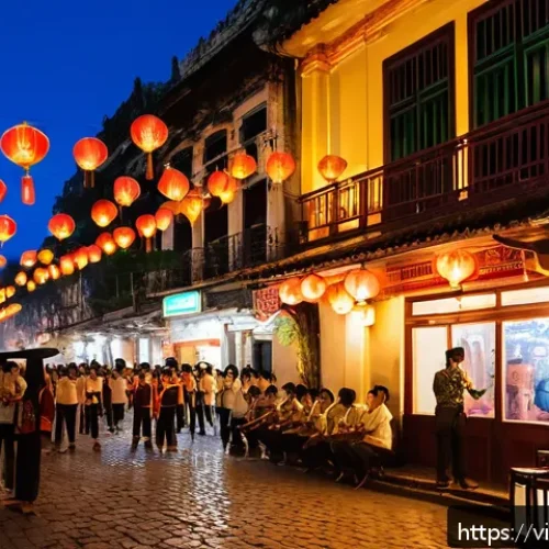 Home 32 거리공연 관련 대회와 페스티벌 - A vibrant street performance scene in Hanoi’s Old Quarter during a cultural festival, showcasing tra...