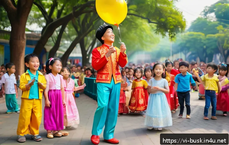 거리공연의 연령대별 접근 방법 - A lively outdoor street performance scene in a vibrant Vietnamese park during daytime, featuring a c...