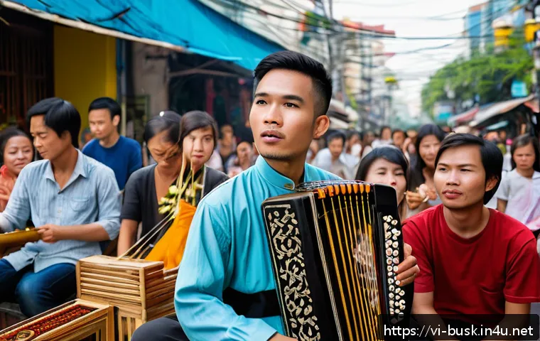 거리공연 마케팅 전략 - A vibrant street performance scene in a bustling urban area of Ho Chi Minh City, featuring a young V...