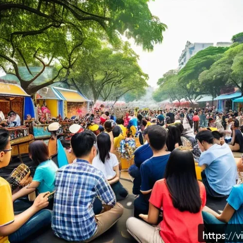 Home 17 거리공연 팝업 공연 - A vibrant outdoor pop-up event in Hanoi’s bustling walking street during a sunny weekend afternoon, ...