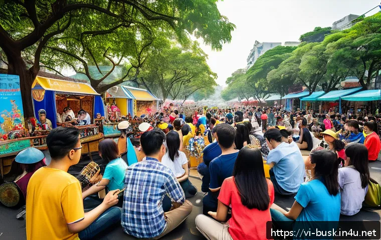 거리공연 팝업 공연 - A vibrant outdoor pop-up event in Hanoi&rsquo;s bustling walking street during a sunny weekend afternoon, ...