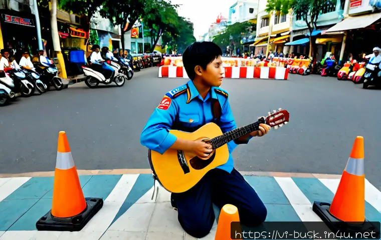 Home 17 거리공연 공연 규칙 - Photorealistic Vietnamese street performance scene in a pedestrian plaza in Ho Chi Minh City, a youn...