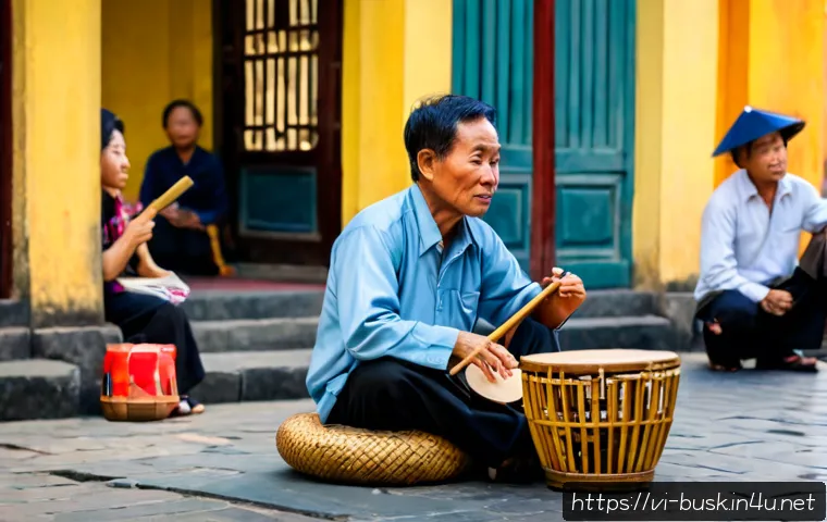 거리공연의 문화유산 - Photorealistic heritage street performance in Hanoi Old Quarter at golden hour, a skilled Vietnamese...