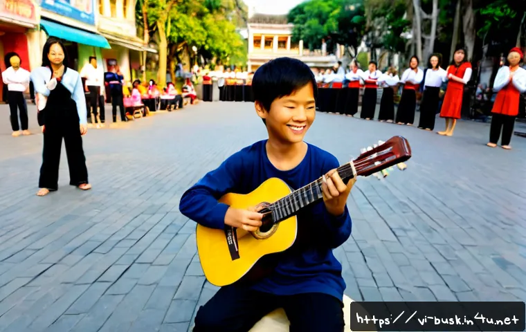 Home 17 거리공연의 교육적 가치 - Photorealistic street performance lesson in a lively pedestrian plaza in Hanoi, Vietnam: a young Vie...